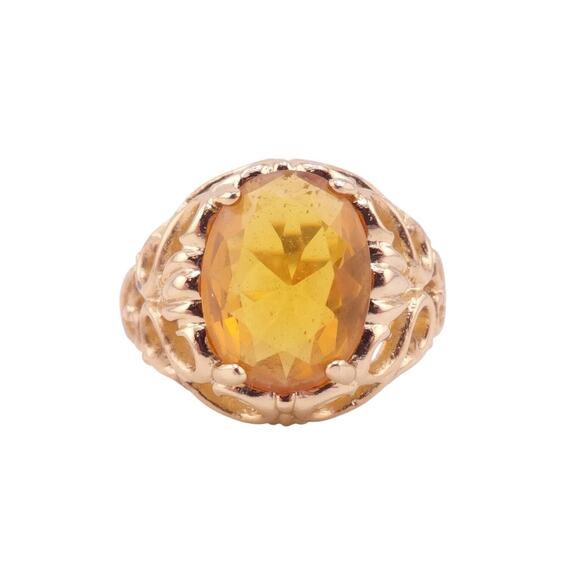 Unbranded Jewelry - Faceted Oval Topaz 4 Prong Filigree Gold Plated Ring - Size 8 Pre-Owned
